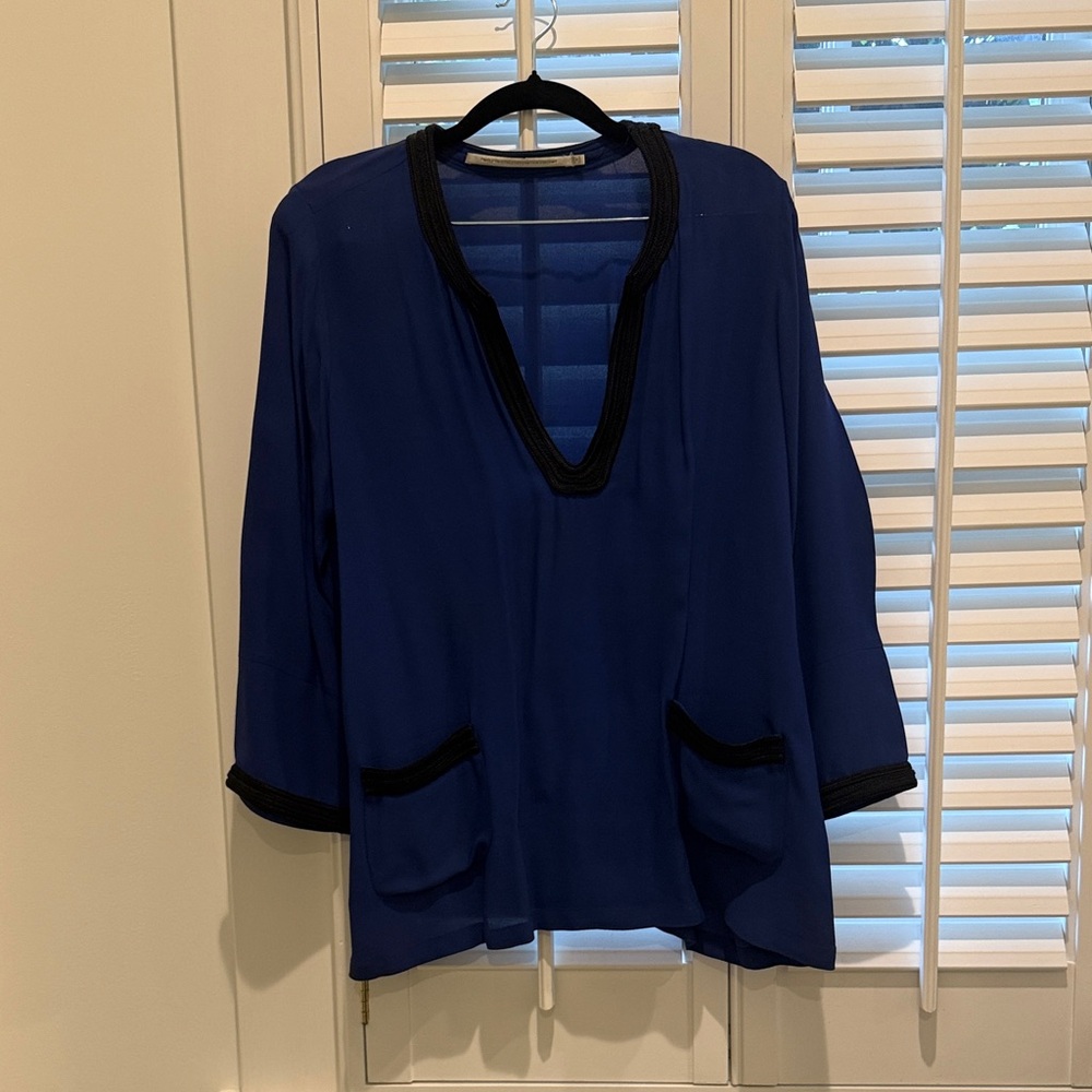 Twelfth Street by Cynthia Vincent Royal Blue Blouse with Black Trim
